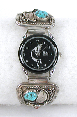 watch tips with turquoise and coral stones with expansion band and Nadia timepiece.