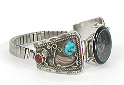 watch tips with turquoise and coral stones with expansion band and Nadia timepiece.