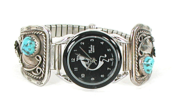 watch tips with turquoise and coral stones with expansion band and Nadia timepiece.