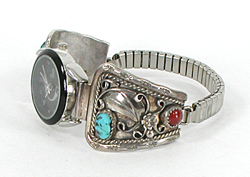 watch tips with turquoise and coral stones with expansion band and Nadia timepiece.