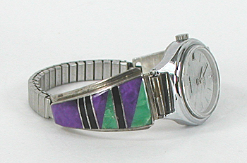 sterling silver turquoise and charoite inlay watch tips with timepiece and expansion band by Navajo silversmith Julian Arviso