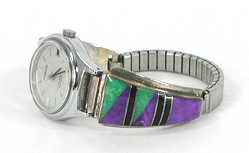 sterling silver turquoise and charoite inlay watch tips with timepiece and expansion band by Navajo silversmith Julian Arviso