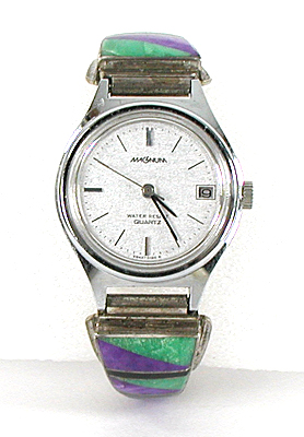 sterling silver turquoise and charoite inlay watch tips with timepiece and expansion band by Navajo silversmith Julian Arviso