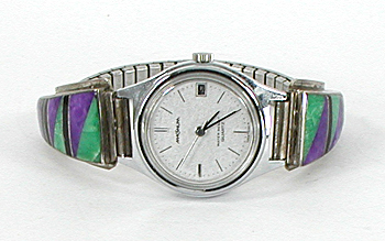 sterling silver turquoise and charoite inlay watch tips with timepiece and expansion band by Navajo silversmith Julian Arviso