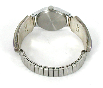 sterling silver turquoise and charoite inlay watch tips with timepiece and expansion band by Navajo silversmith Julian Arviso