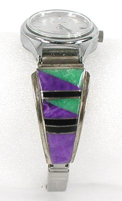 sterling silver turquoise and charoite inlay watch tips with timepiece and expansion band by Navajo silversmith Julian Arviso