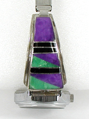 sterling silver turquoise and charoite inlay watch tips with timepiece and expansion band by Navajo silversmith Julian Arviso