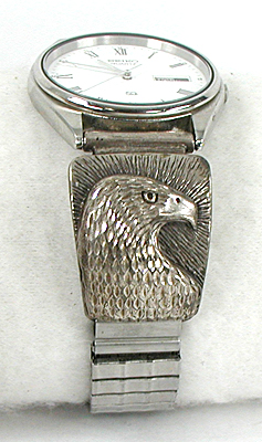 cast sterling silver eagle heat watch tips with Seiko timepiece and expansion band.