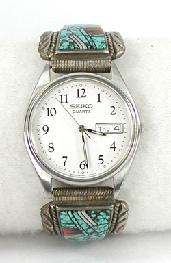 sterling silver turquoise and coral inlay watch tips with timepiece and expansion band by Navajo silversmith Herbert Hoskie