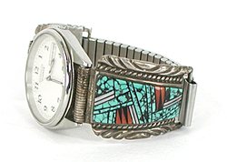 sterling silver turquoise and coral inlay watch tips with timepiece and expansion band by Navajo silversmith Herbert Hoskie