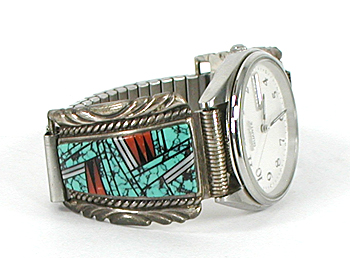 sterling silver turquoise and coral inlay watch tips with timepiece and expansion band by Navajo silversmith Herbert Hoskie