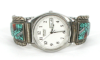sterling silver turquoise and coral inlay watch tips with timepiece and expansion band by Navajo silversmith Herbert Hoskie