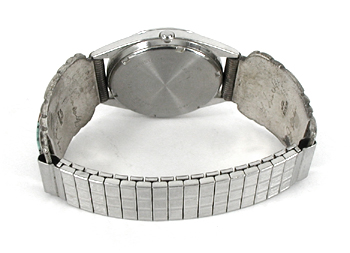 sterling silver turquoise and coral inlay watch tips with timepiece and expansion band by Navajo silversmith Herbert Hoskie