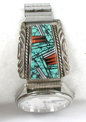 sterling silver turquoise and coral inlay watch tips with timepiece and expansion band by Navajo silversmith Herbert Hoskie