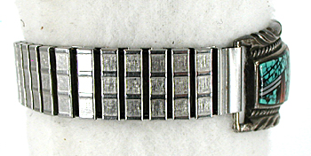 sterling silver turquoise and coral inlay watch tips with timepiece and expansion band by Navajo silversmith Herbert Hoskie