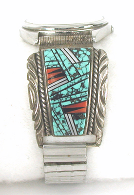sterling silver turquoise and coral inlay watch tips with timepiece and expansion band by Navajo silversmith Herbert Hoskie