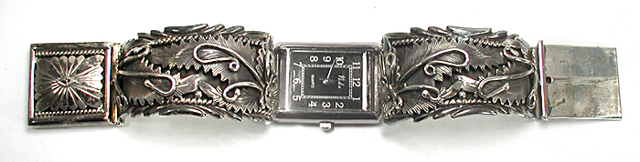 Authentic Native American Sterling Silver watch bracelet by Navajo silversmith Peterson Johnson