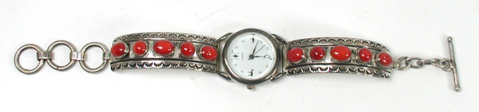 Sterling Silver link watch with coral cabochons 6 3/4 inch