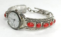 Sterling Silver link watch with coral cabochons 7 inch
