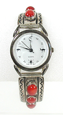 Sterling Silver link watch with coral cabochons 6 3/4 inch