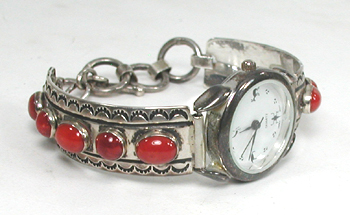 Sterling Silver link watch with coral cabochons 6 3/4 inch