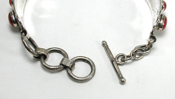 Sterling Silver link watch with coral cabochons 6 3/4 inch