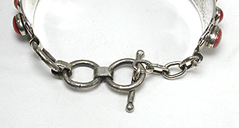 Sterling Silver link watch with coral cabochons 6 3/4 inch