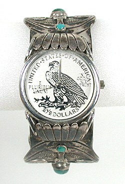 Sterling Silver peyote bird cuff watch with turquoise cabochons 6 3/4 inch