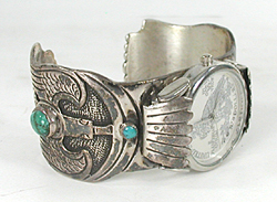 Sterling Silver peyote bird cuff watch with turquoise cabochons 6 3/4 inch
