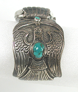 Sterling Silver peyote bird cuff watch with turquoise cabochons 6 3/4 inch