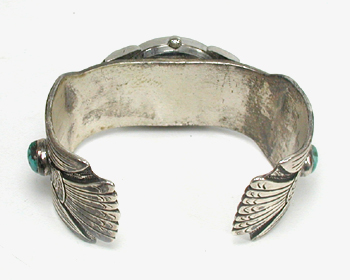 Sterling Silver peyote bird cuff watch with turquoise cabochons 6 3/4 inch