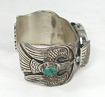 Sterling Silver peyote bird cuff watch with turquoise cabochons 6 3/4 inch