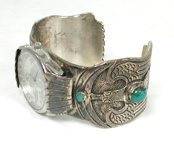 Sterling Silver peyote bird cuff watch with turquoise cabochons 6 3/4 inch