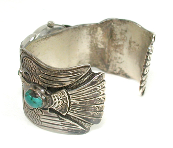 Sterling Silver peyote bird cuff watch with turquoise cabochons 6 3/4 inch