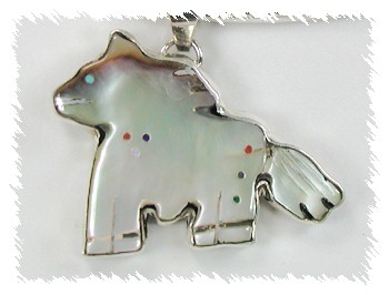 Native American Zuni  Sterling Silver, Mother of Pearl and Turquoise hand carved Horse fetish pendant
