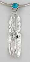 Authentic Native American Navajo Sterling Silver feather Pendant with tuquoise and buffalo