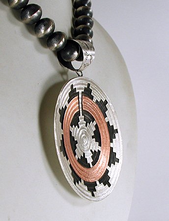 Authentic Native American Sterling Silver and copper large Wedding Basket Pendant by Navajo artist Roland Begay