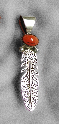 Sterling Silver and coral feather pendant charm