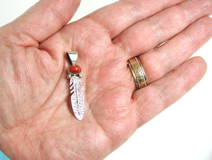Sterling Silver and coral feather pendant charm