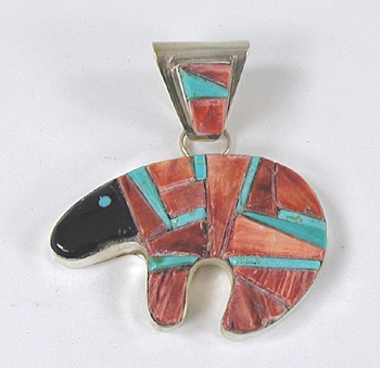 Authentic Native American Sterling Silver cobblerstone inlay bear Pendant by Navajo artist Percy Lewis