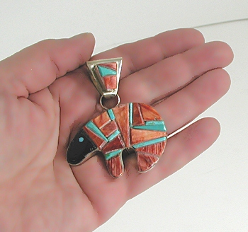 Authentic Native American Sterling Silver cobblerstone inlay bear Pendant by Navajo artist Percy Lewis