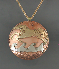 Authentic Native American Indian running horse with water waves pendant with chain by Lakota artisan Mitchell Zephier