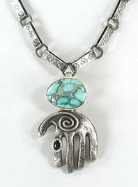 Authentic Native American Indian sterling silver hand pendant with turquoise stone and handmade chain by Santo Domingo artisan Javeri Coriz