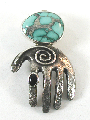 Authentic Native American Indian sterling silver hand pendant with turquoise stone and handmade chain by Santo Domingo artisan Javeri Coriz