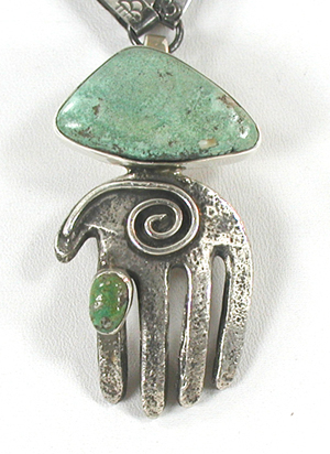 Authentic Native American Indian sterling silver hand pendant with turquoise stone and handmade chain by Santo Domingo artisan Javeri Coriz