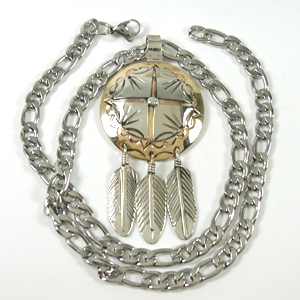 Authentic Native American Indian Morning Star Medicine Wheel Pendant with feathers and chain by Lakota artisan Mitchell Zephier