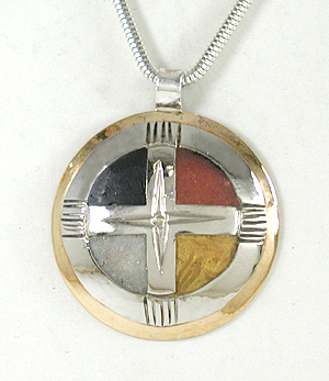 Authentic Native American Indian Four Colors Medicine Wheel Pendant with chain by Lakota artisan Mitchell Zephier