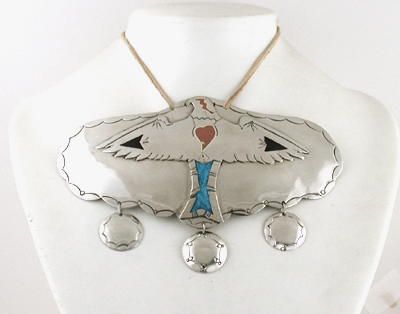 Authentic Native American Indian German silver gorget chest plate with eagle and inlay of pipestone by Lakota artisan Mitchell Zephier