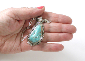 Authentic Native American Indian sterling silver turquoise pendant by Navajo silversmith Joe Piaso, Jr.