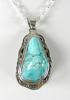 Authentic Native American Indian sterling silver turquoise pendant by Navajo silversmith Joe Piaso, Jr.